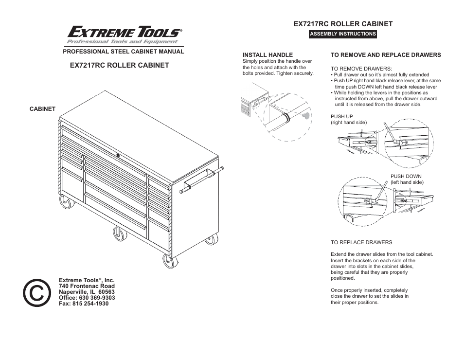 Extreme Tools EX7217RC 72" ROLLER CABINET with STAINLESS STEEL TOP User Manual | 2 pages