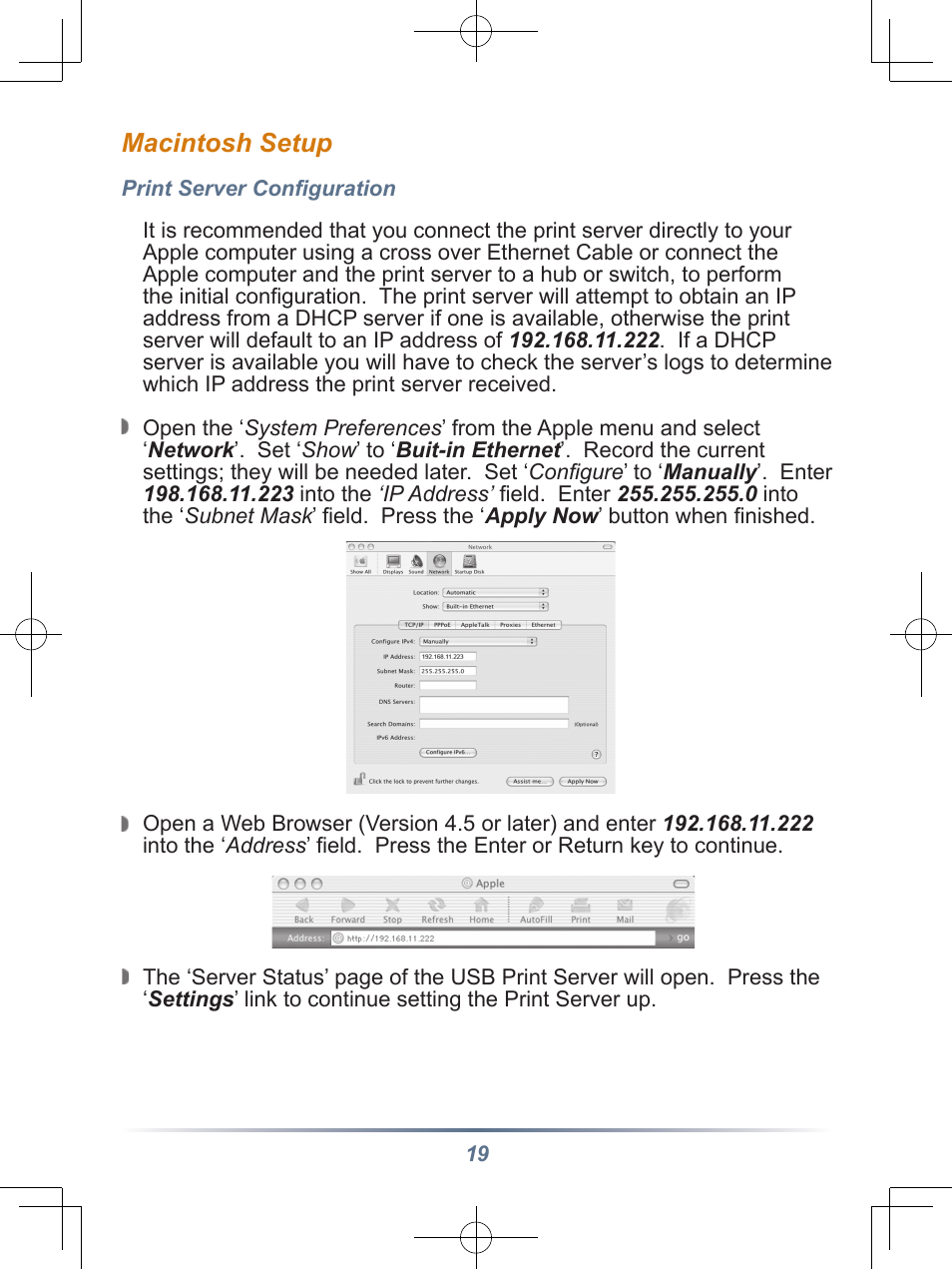 Macintosh setup | Buffalo Technology Buffalo Network USB Print Server LPV3-U2 User Manual | Page 19 / 24