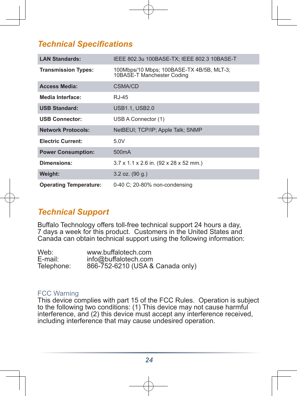 Technical support, Technical speciﬁcations | Buffalo Technology Buffalo Network USB Print Server LPV3-U2 User Manual | Page 24 / 24