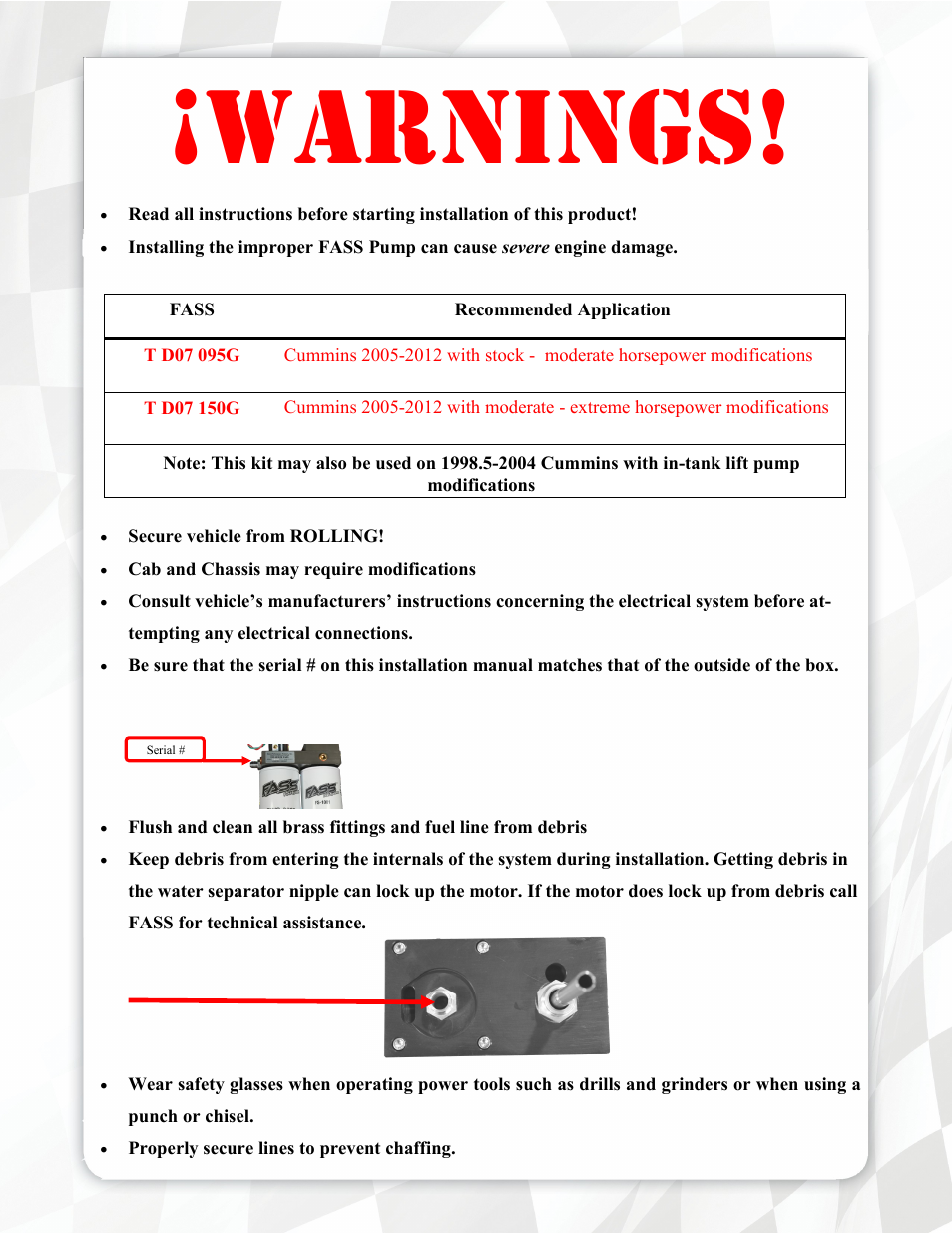 Warnings | FASS T D07 150G User Manual | Page 3 / 20