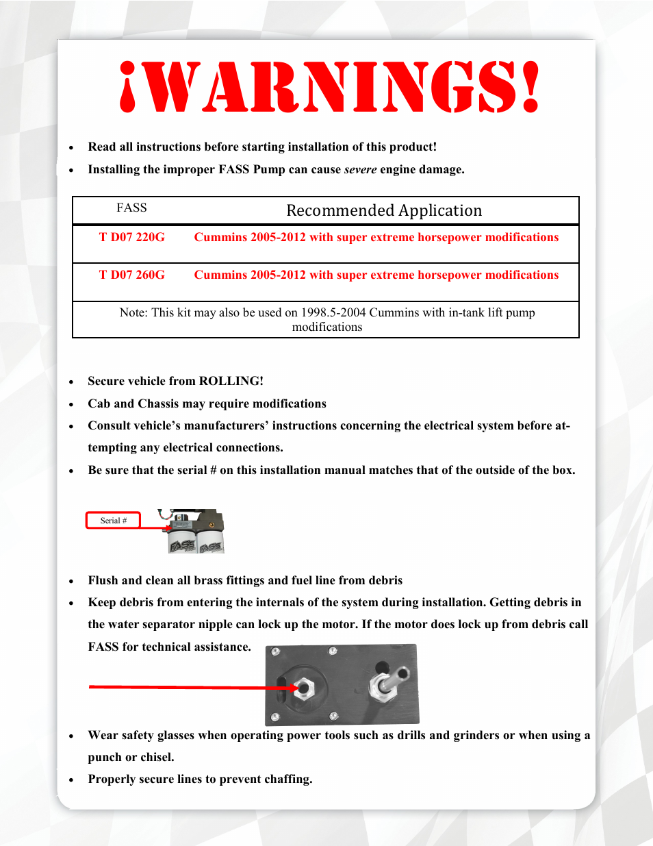 Warnings, Recommended application | FASS T D07 260G User Manual | Page 3 / 20