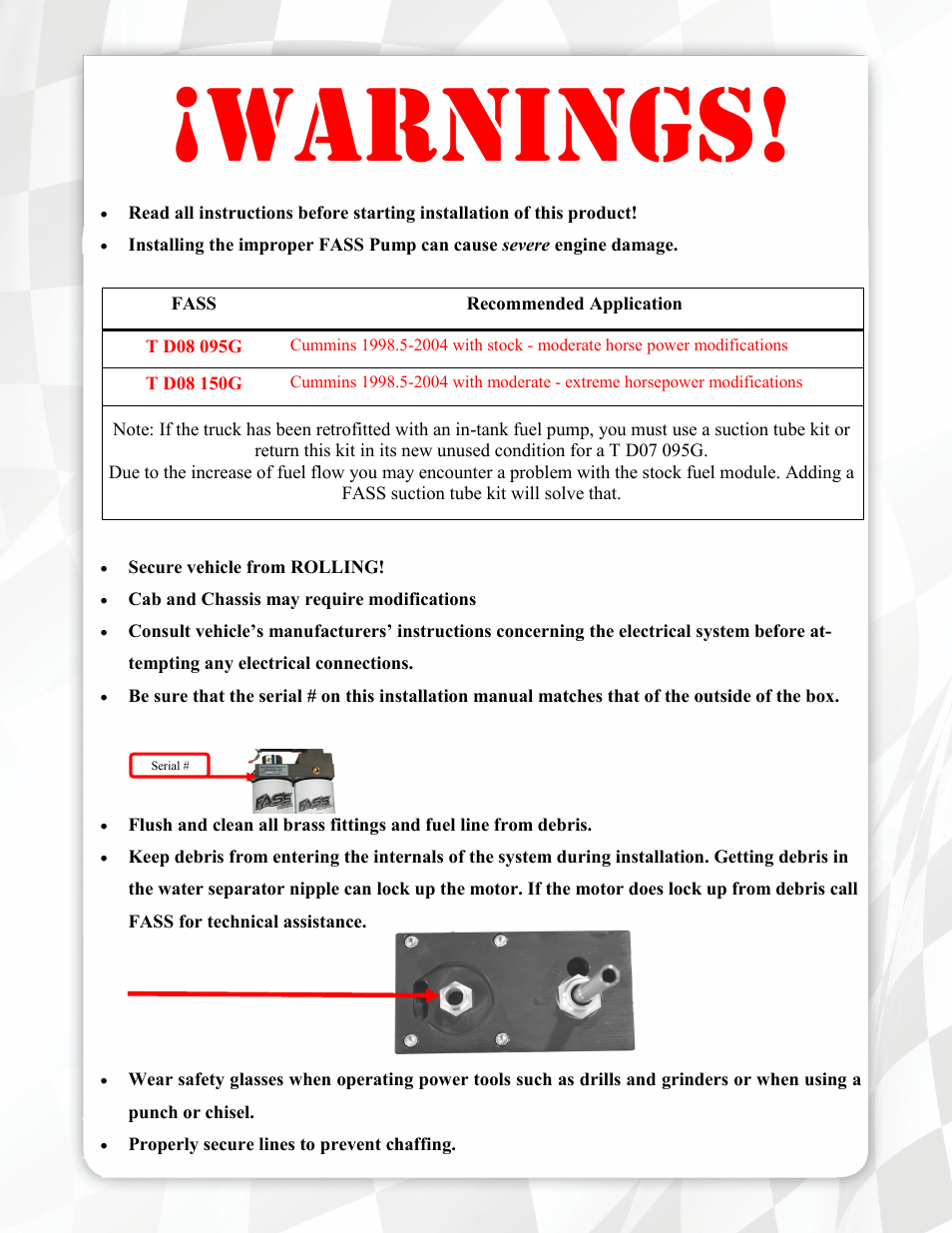 Warnings | FASS T D08 150G User Manual | Page 3 / 19