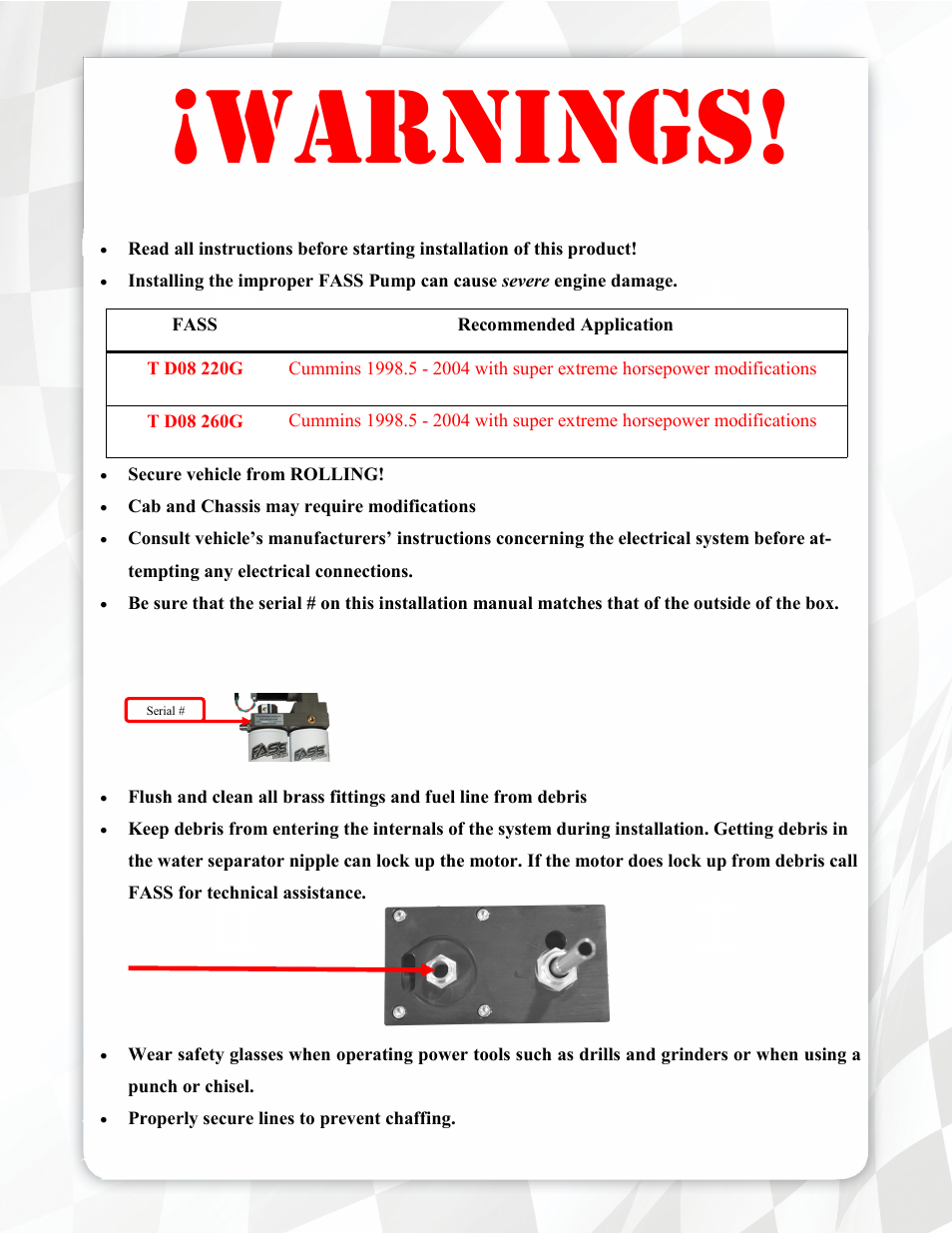 Warnings | FASS T D08 260G User Manual | Page 3 / 21