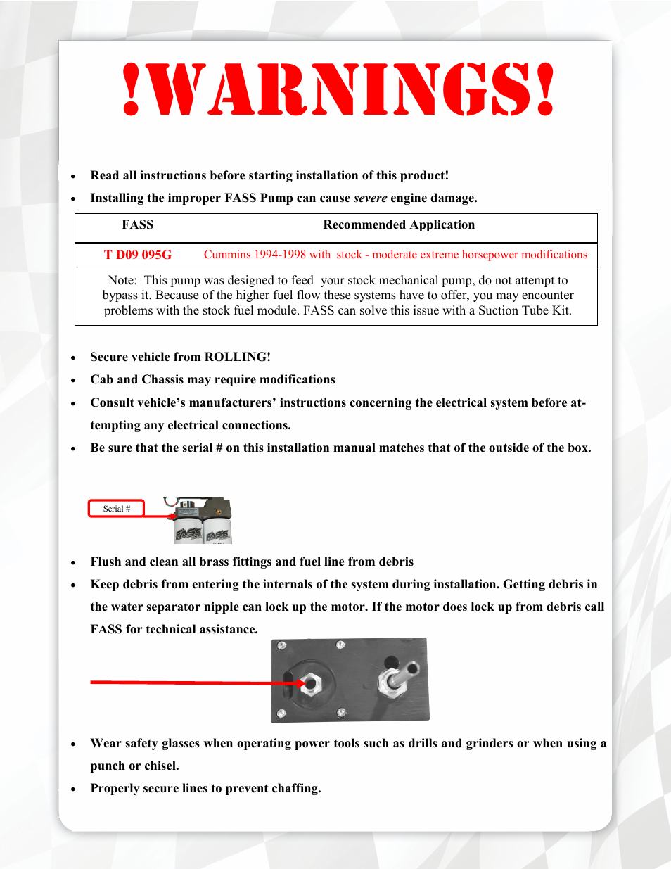 Warnings | FASS T D09 095G User Manual | Page 3 / 19