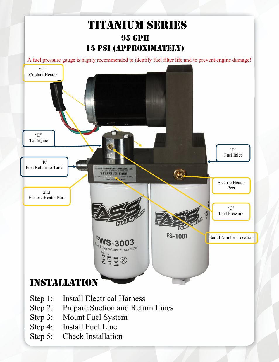 Titanium series, Installation, 95 gph 15 psi (approximately) | FASS T D09 095G User Manual | Page 5 / 19