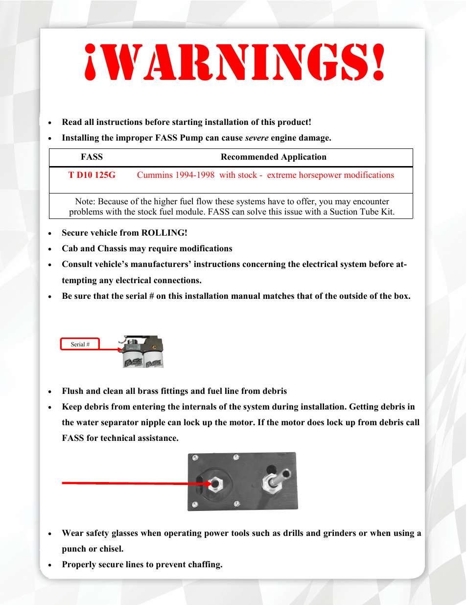 Warnings | FASS T D10 125G User Manual | Page 3 / 20