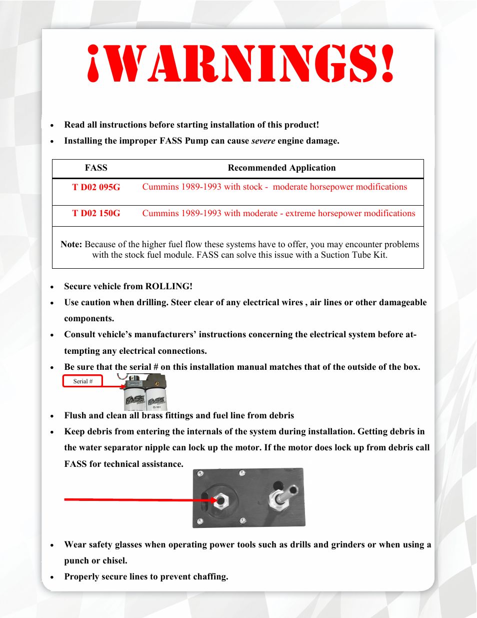 Warnings | FASS T D02 150G User Manual | Page 3 / 19