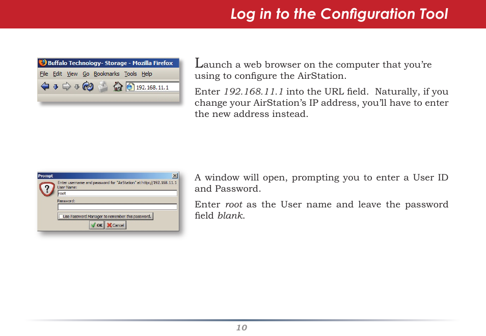 Log in to the configuration tool | Buffalo Technology WHR-G300N User Manual | Page 10 / 48