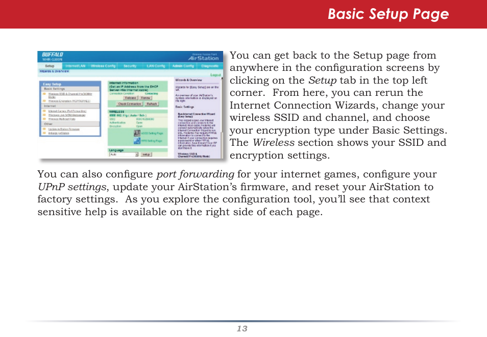 Basic setup page | Buffalo Technology WHR-G300N User Manual | Page 13 / 48