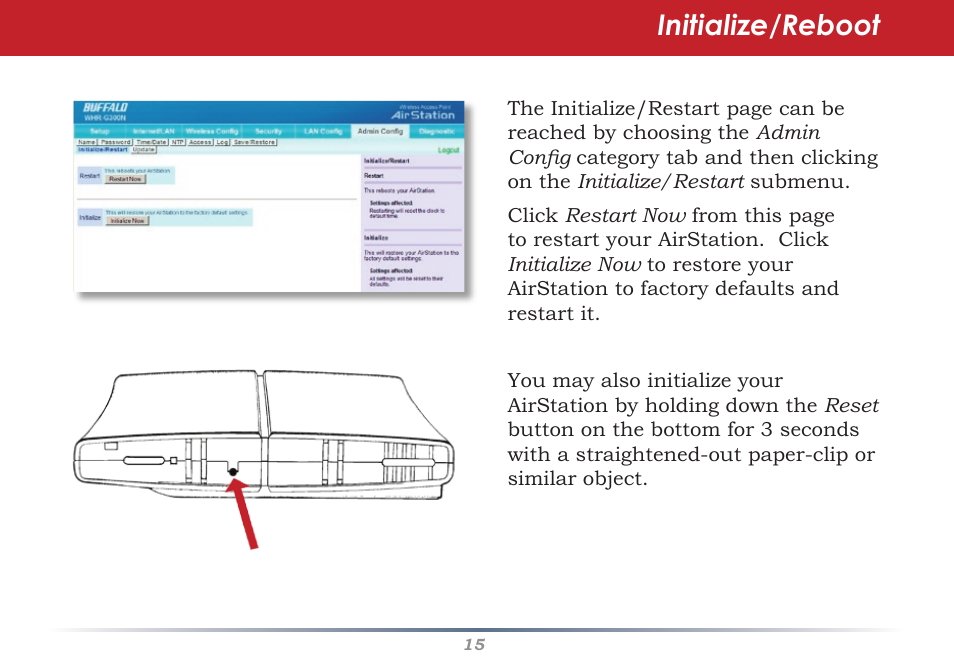 Initialize/reboot | Buffalo Technology WHR-G300N User Manual | Page 15 / 48