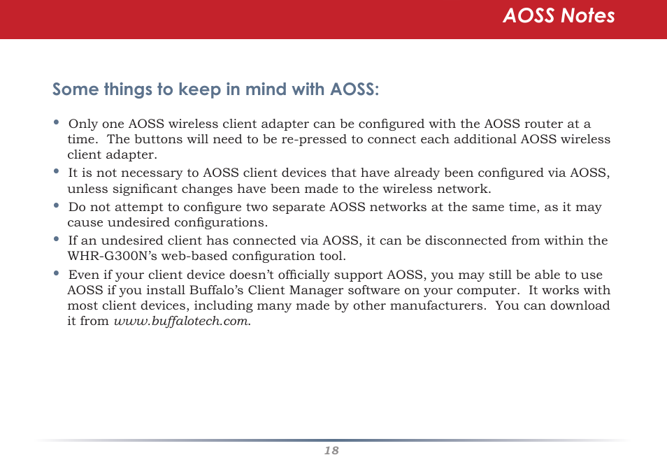 Some things to keep in mind with aoss | Buffalo Technology WHR-G300N User Manual | Page 18 / 48