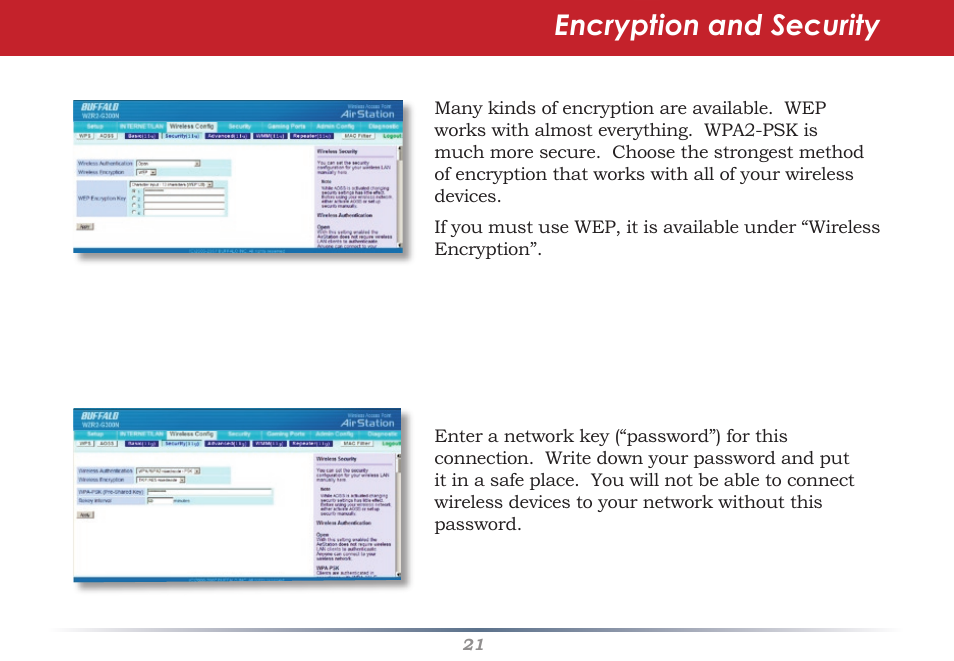 Encryption and security | Buffalo Technology WHR-G300N User Manual | Page 21 / 48