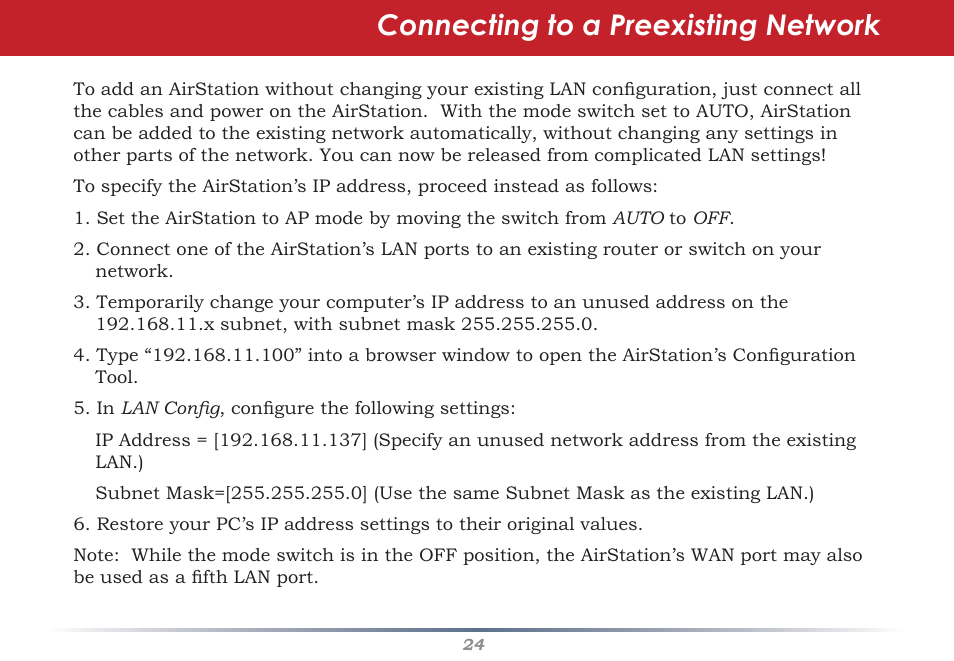Connecting to a preexisting network | Buffalo Technology WHR-G300N User Manual | Page 24 / 48