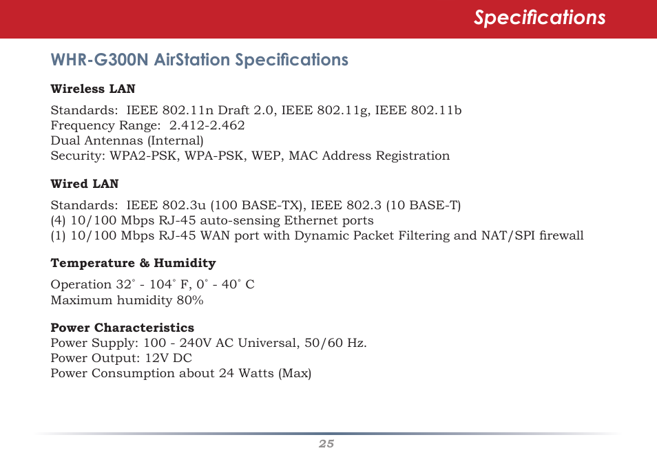 Specifications, Whr-g300n airstation specifications | Buffalo Technology WHR-G300N User Manual | Page 25 / 48