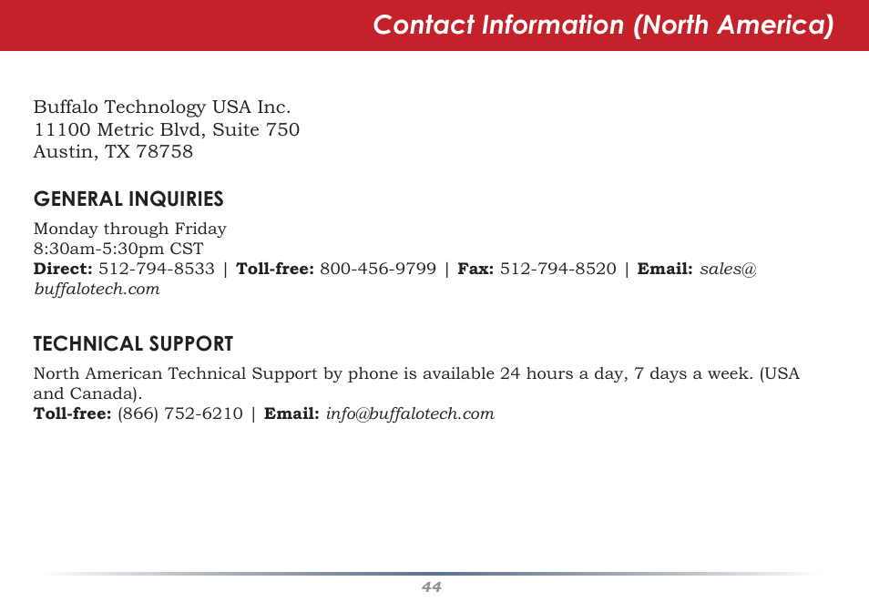 Contact information (north america) | Buffalo Technology WHR-G300N User Manual | Page 44 / 48