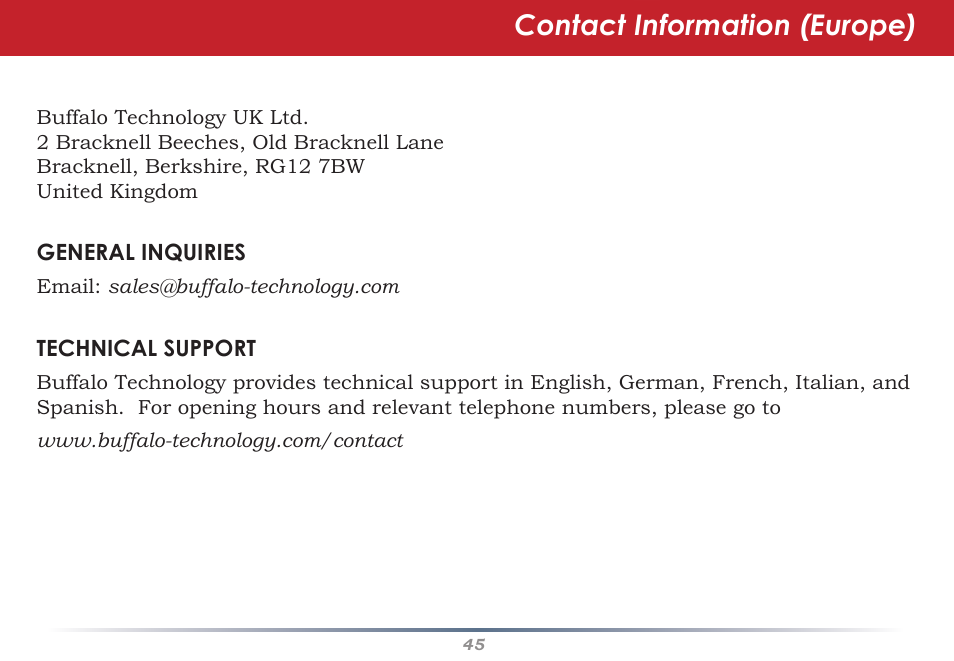 Contact information (europe) | Buffalo Technology WHR-G300N User Manual | Page 45 / 48