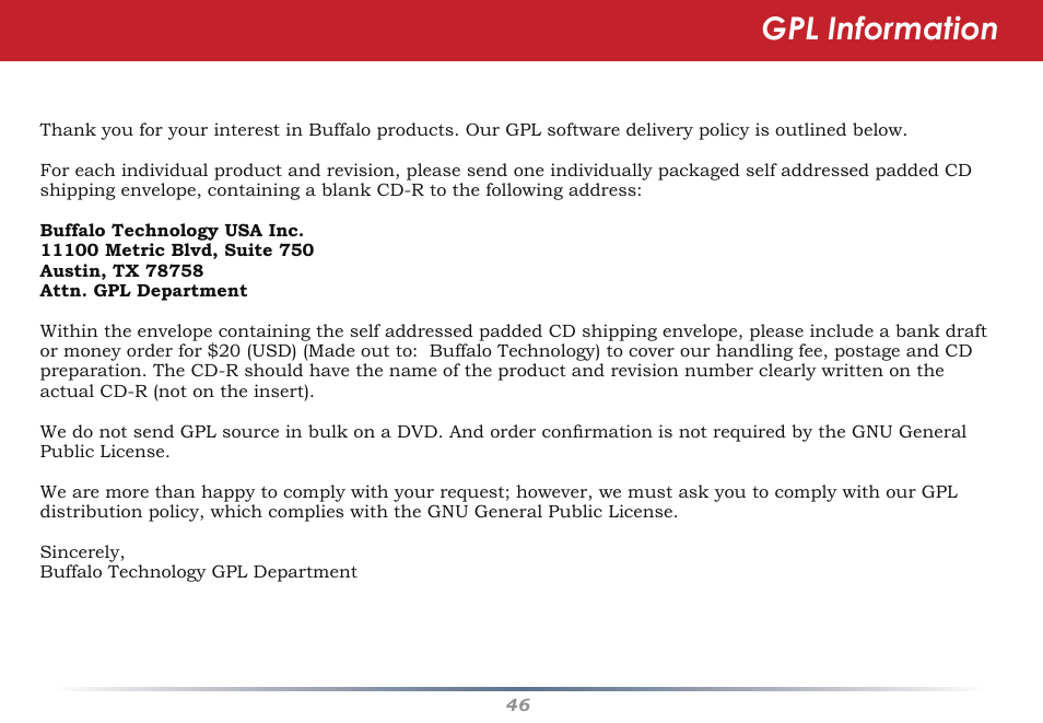 Gpl information | Buffalo Technology WHR-G300N User Manual | Page 46 / 48
