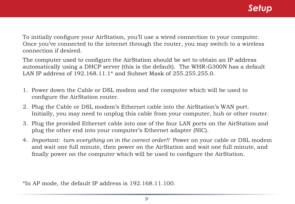 Setup | Buffalo Technology WHR-G300N User Manual | Page 9 / 48
