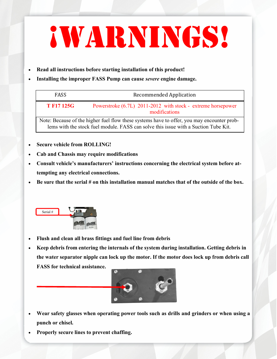 Warnings | FASS T F17 125G User Manual | Page 3 / 21