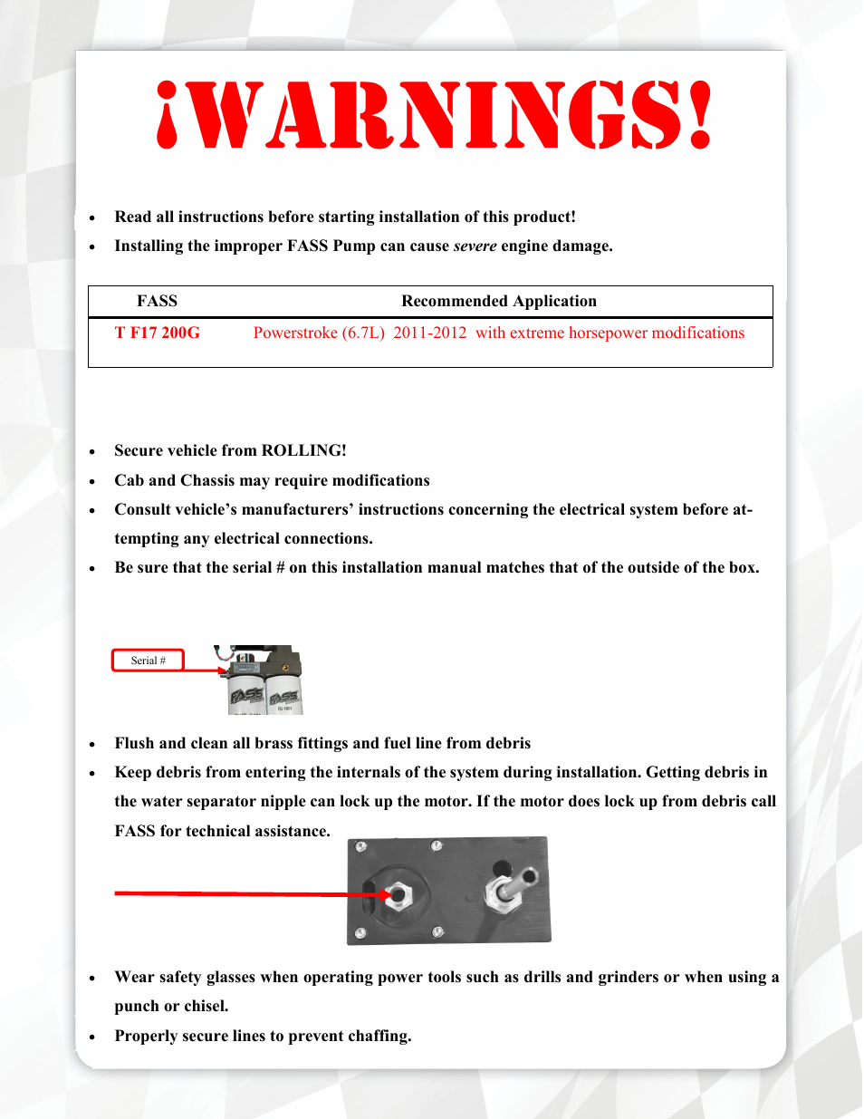 Warnings | FASS T F17 200G User Manual | Page 3 / 21