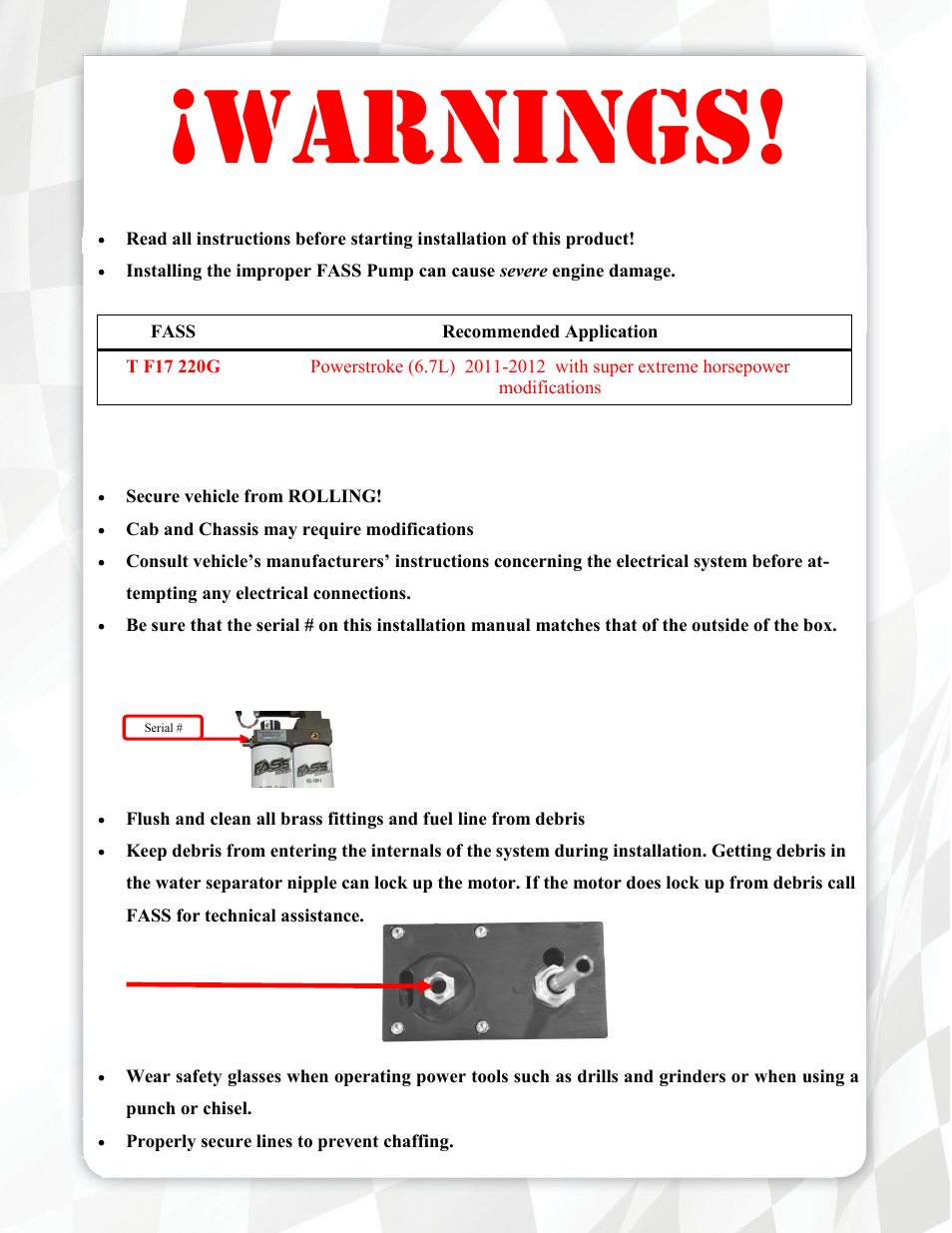 Warnings | FASS T F17 220G User Manual | Page 3 / 21