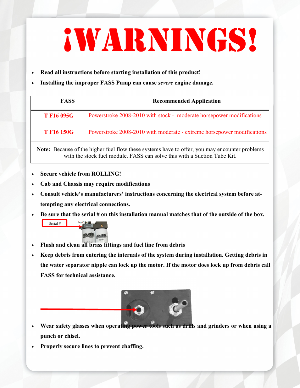 Warnings | FASS T F16 150G User Manual | Page 3 / 19