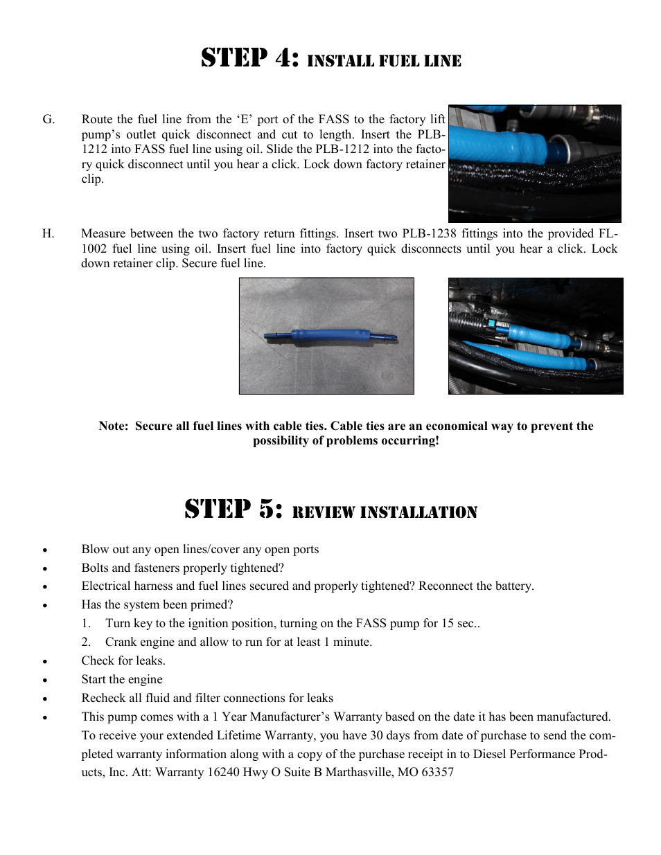 Step 4, Step 5, Install fuel line | Review installation | FASS T F16 220G User Manual | Page 17 / 20