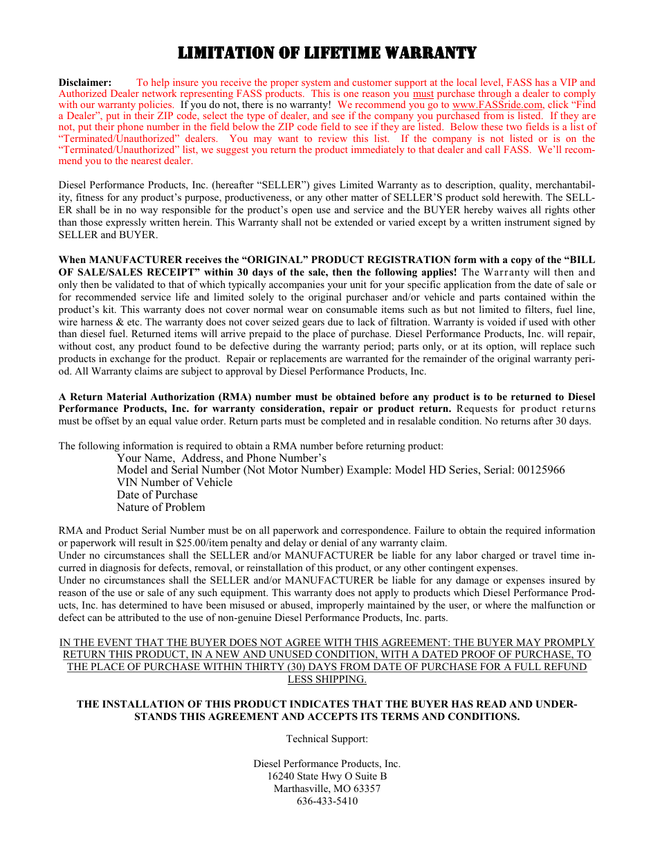 Limitation of lifetime warranty | FASS T F16 220G User Manual | Page 19 / 20