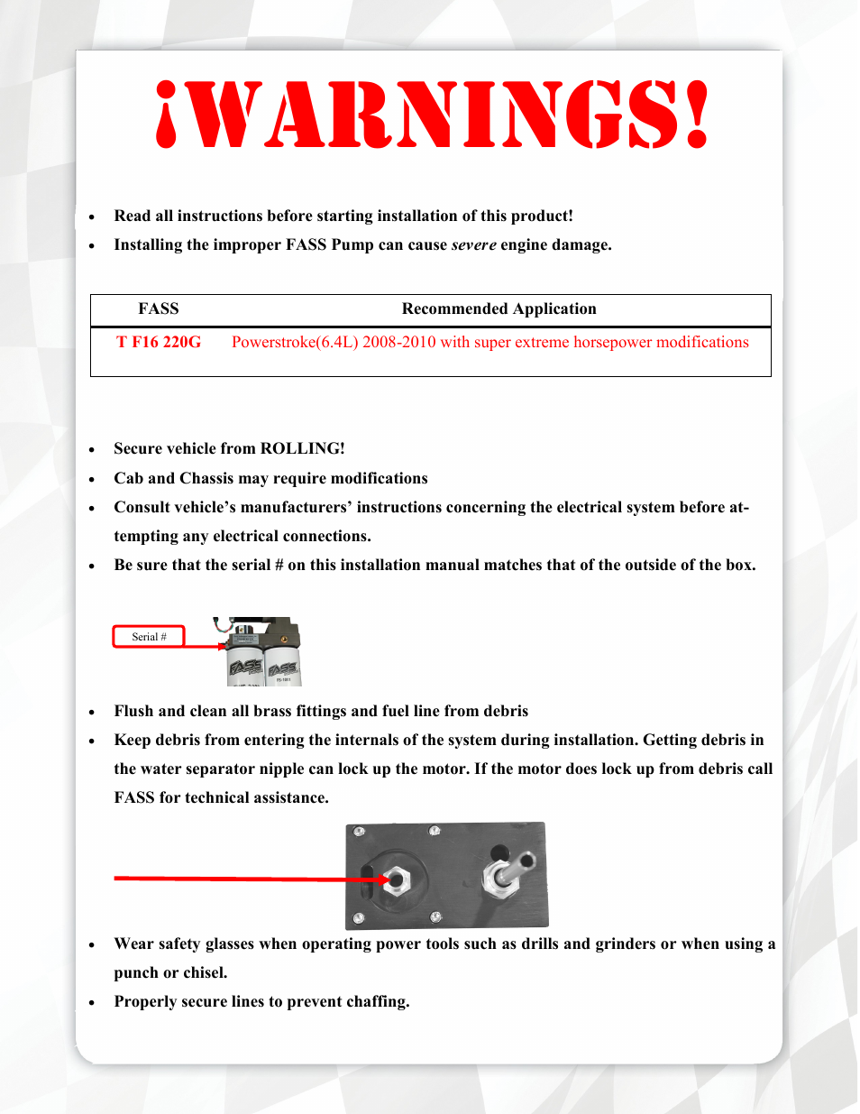 Warnings | FASS T F16 220G User Manual | Page 3 / 20