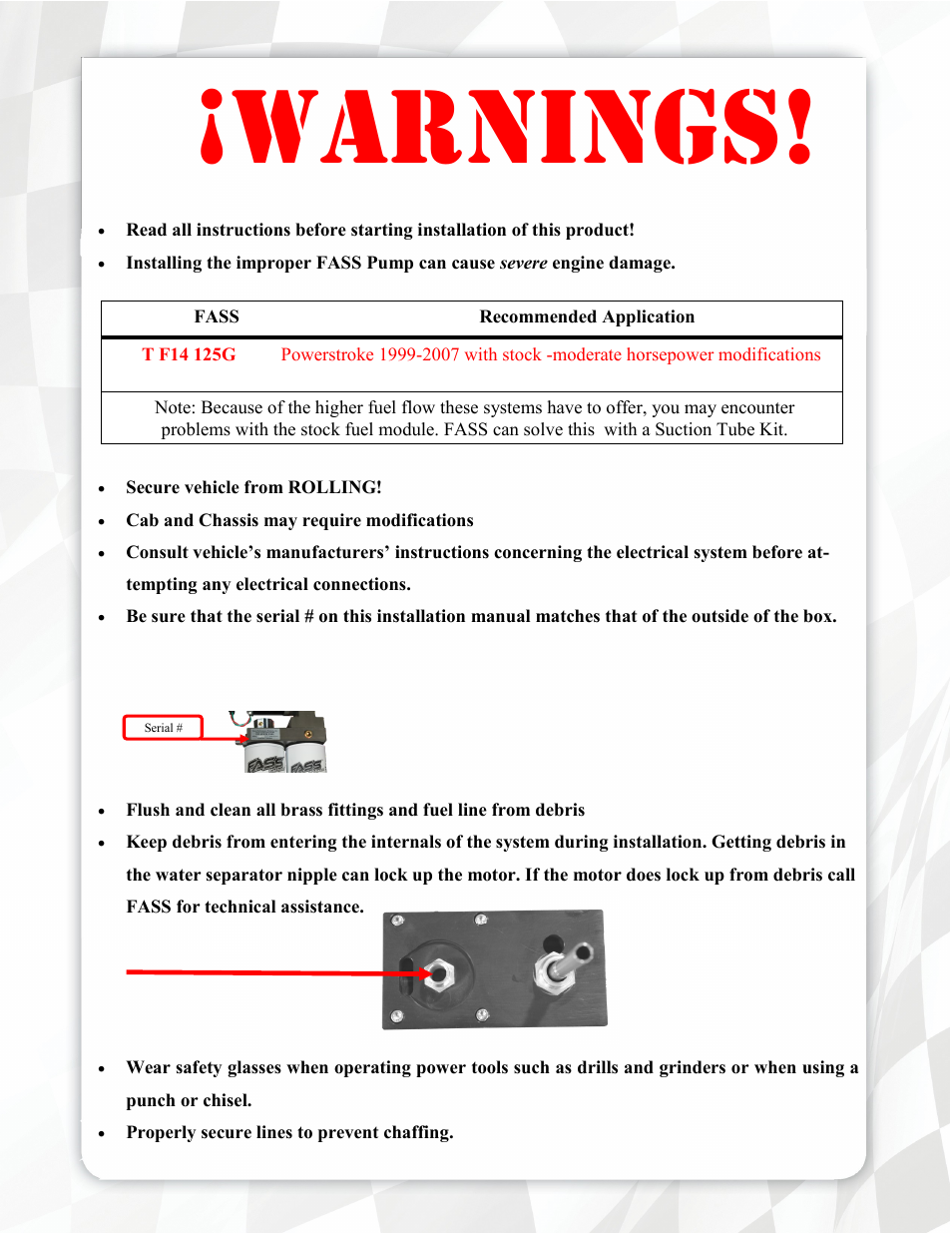 Warnings | FASS T F14 125G User Manual | Page 3 / 21