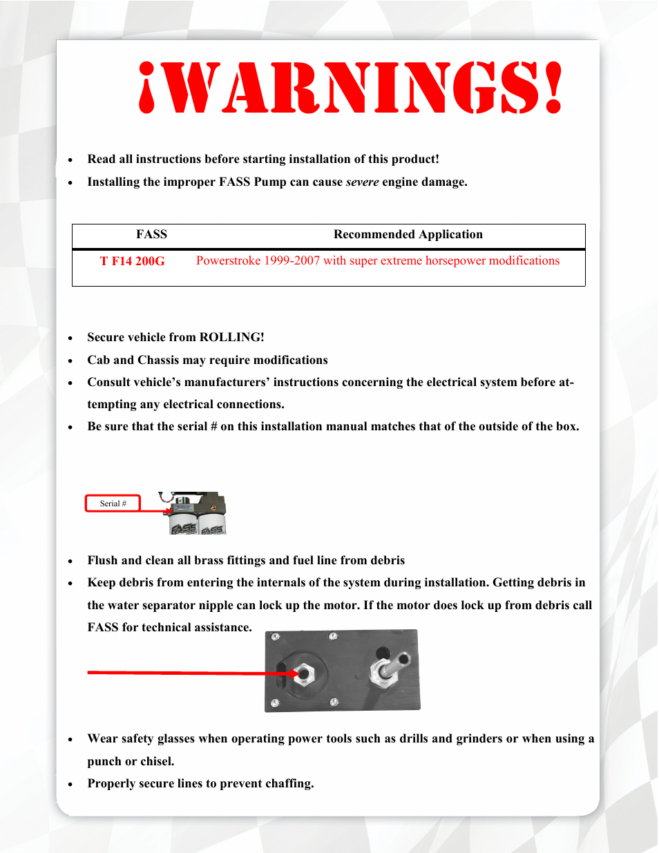 Warnings | FASS T F14 200G User Manual | Page 3 / 21