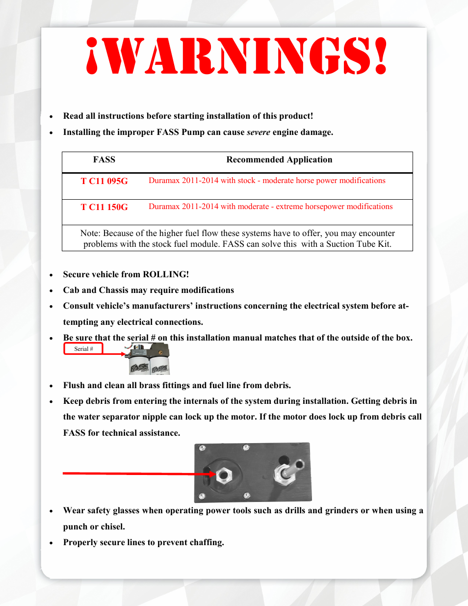 Warnings | FASS T C11 150G User Manual | Page 3 / 20