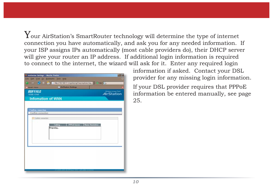 Detecting your broadband connection | Buffalo Technology Buffalo AirStation MIMO240 Wireless Cable/DSL Router WZR-G240 User Manual | Page 10 / 74