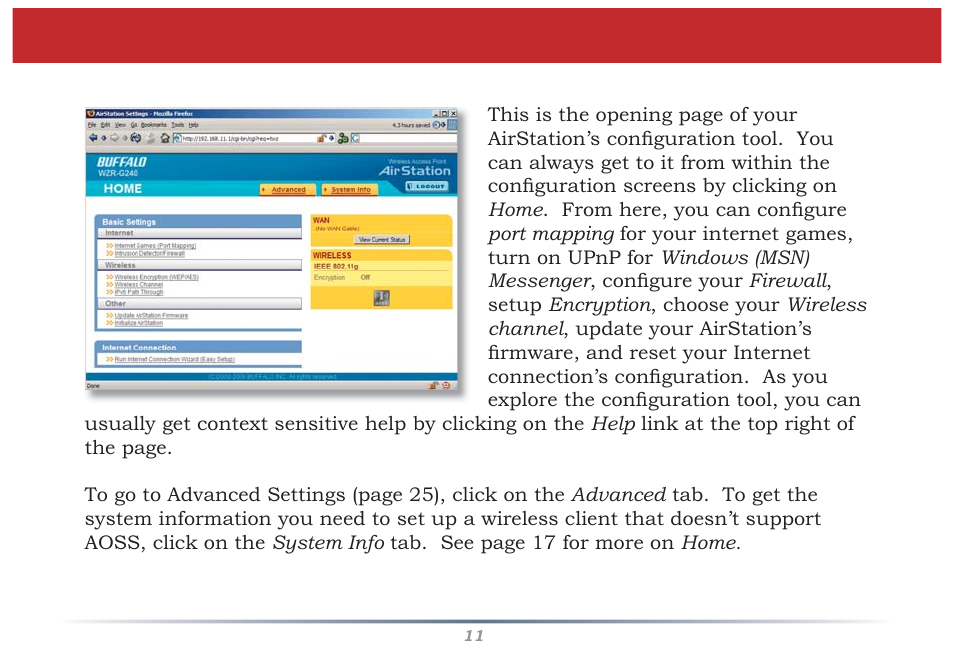 Home | Buffalo Technology Buffalo AirStation MIMO240 Wireless Cable/DSL Router WZR-G240 User Manual | Page 11 / 74