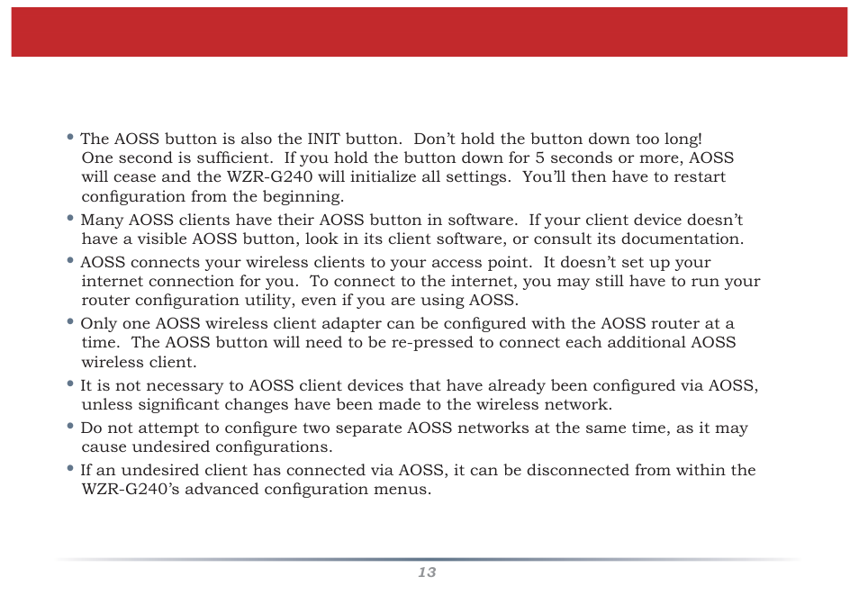 Some things to keep in mind with aoss | Buffalo Technology Buffalo AirStation MIMO240 Wireless Cable/DSL Router WZR-G240 User Manual | Page 13 / 74