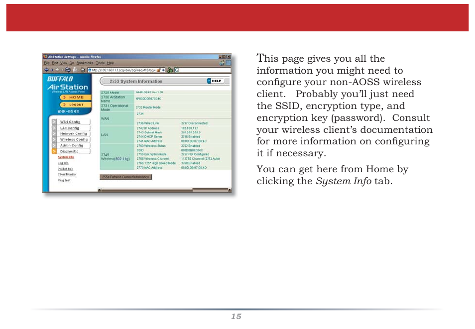 System information page | Buffalo Technology Buffalo AirStation MIMO240 Wireless Cable/DSL Router WZR-G240 User Manual | Page 15 / 74