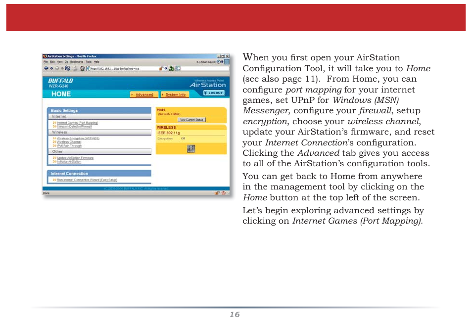 Airstation confi guration tool (home) | Buffalo Technology Buffalo AirStation MIMO240 Wireless Cable/DSL Router WZR-G240 User Manual | Page 16 / 74