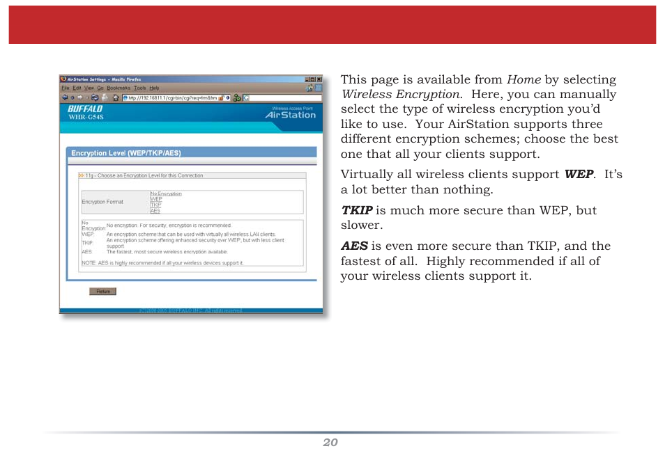 Wireless encryption | Buffalo Technology Buffalo AirStation MIMO240 Wireless Cable/DSL Router WZR-G240 User Manual | Page 20 / 74