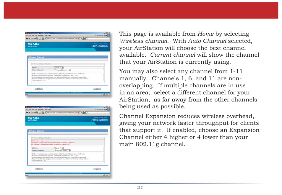 Wireless channel | Buffalo Technology Buffalo AirStation MIMO240 Wireless Cable/DSL Router WZR-G240 User Manual | Page 21 / 74