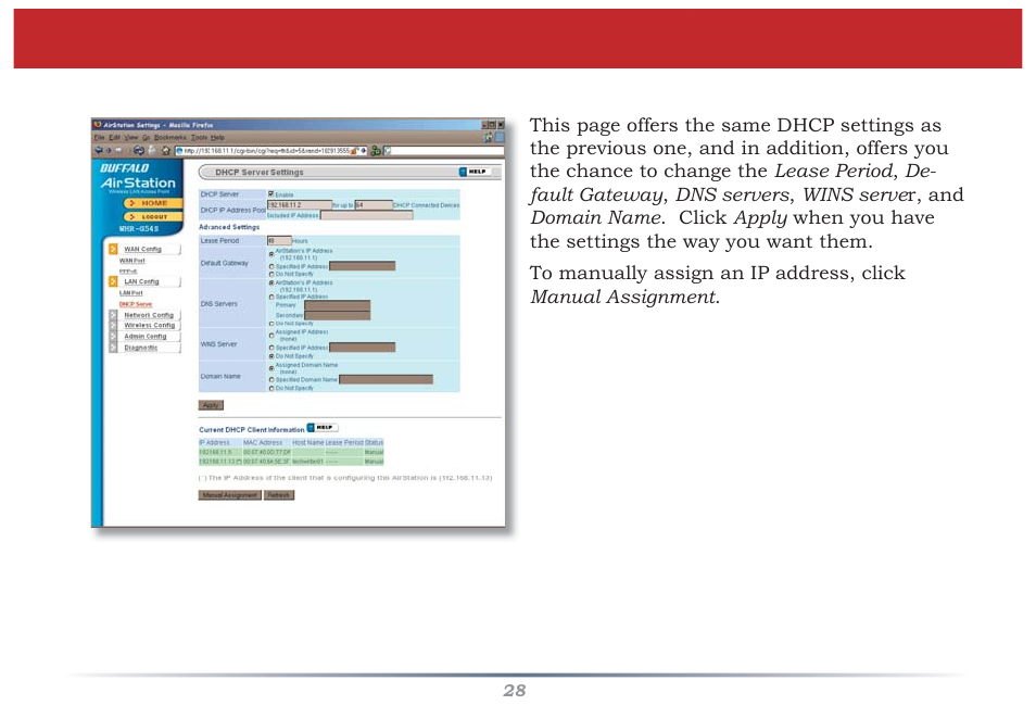 Advanced dhcp settings | Buffalo Technology Buffalo AirStation MIMO240 Wireless Cable/DSL Router WZR-G240 User Manual | Page 28 / 74