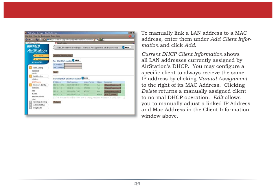 Dhcp server (manual assignment of ip address) | Buffalo Technology Buffalo AirStation MIMO240 Wireless Cable/DSL Router WZR-G240 User Manual | Page 29 / 74