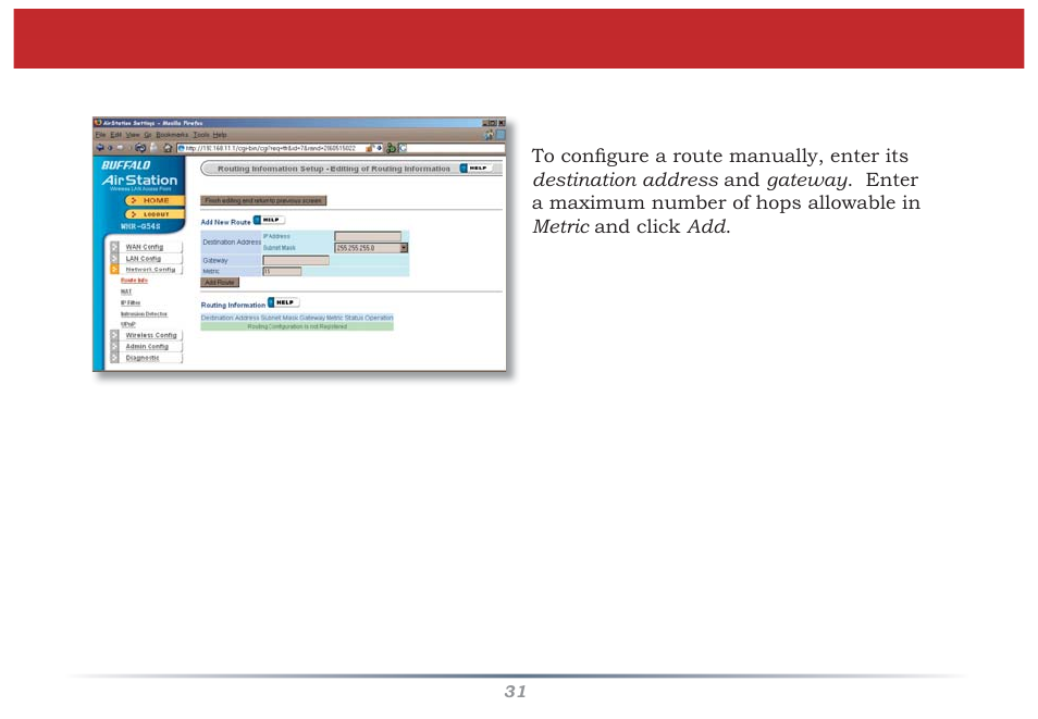 Network confi guration (edit routing information) | Buffalo Technology Buffalo AirStation MIMO240 Wireless Cable/DSL Router WZR-G240 User Manual | Page 31 / 74