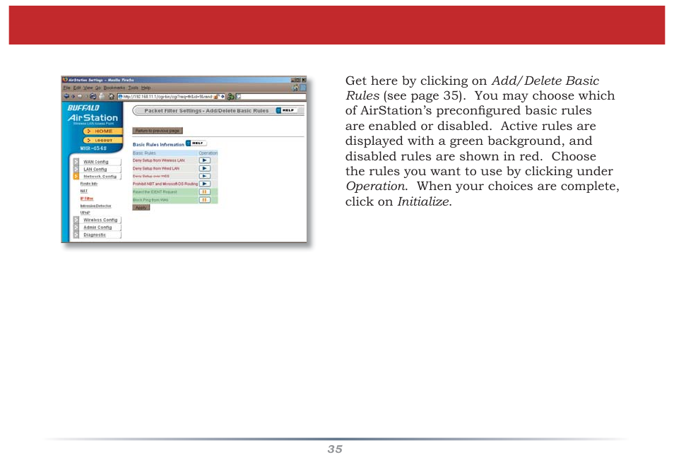 Ip filter (add/delete basic rules) | Buffalo Technology Buffalo AirStation MIMO240 Wireless Cable/DSL Router WZR-G240 User Manual | Page 35 / 74