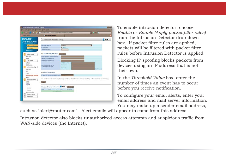 Network confi guration (intrusion detector) | Buffalo Technology Buffalo AirStation MIMO240 Wireless Cable/DSL Router WZR-G240 User Manual | Page 37 / 74