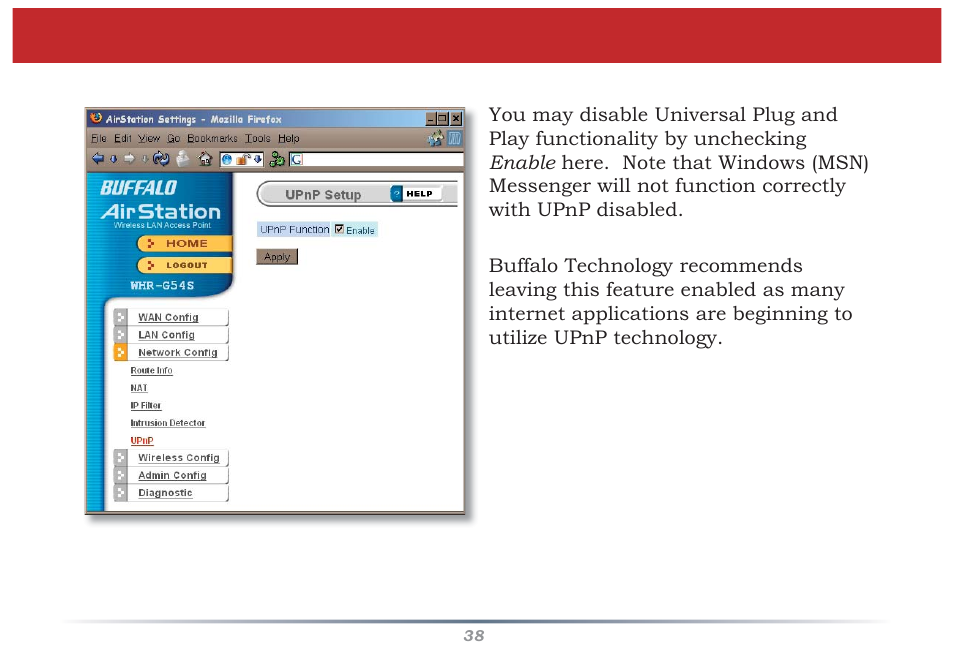 Upnp | Buffalo Technology Buffalo AirStation MIMO240 Wireless Cable/DSL Router WZR-G240 User Manual | Page 38 / 74