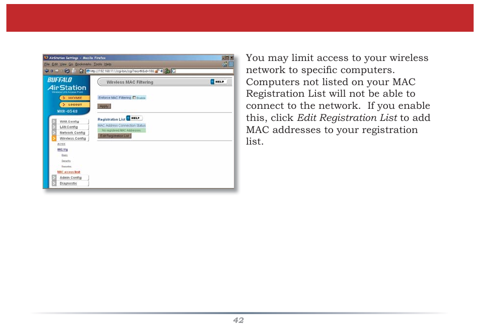 Mac access limit | Buffalo Technology Buffalo AirStation MIMO240 Wireless Cable/DSL Router WZR-G240 User Manual | Page 42 / 74