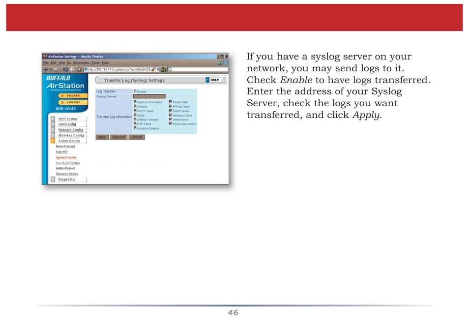 Syslog transfer | Buffalo Technology Buffalo AirStation MIMO240 Wireless Cable/DSL Router WZR-G240 User Manual | Page 46 / 74