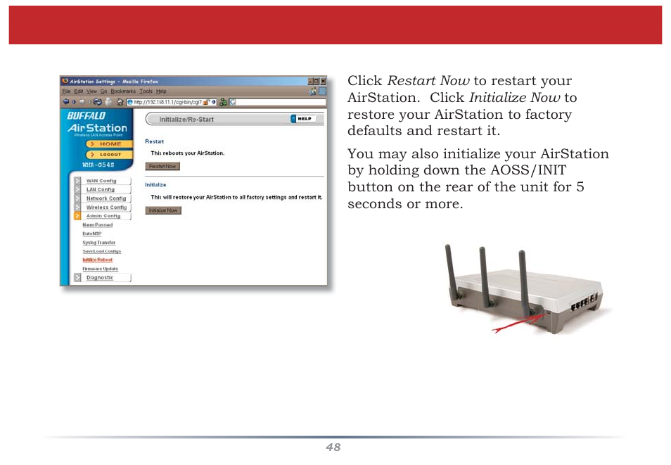 Initialize/reboot | Buffalo Technology Buffalo AirStation MIMO240 Wireless Cable/DSL Router WZR-G240 User Manual | Page 48 / 74