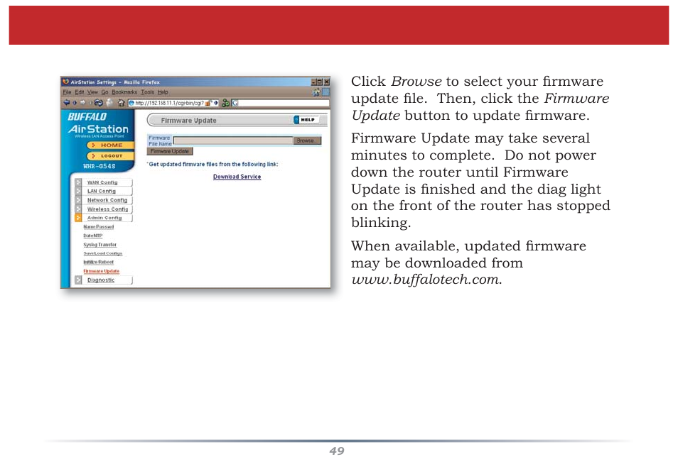 Firmware update | Buffalo Technology Buffalo AirStation MIMO240 Wireless Cable/DSL Router WZR-G240 User Manual | Page 49 / 74