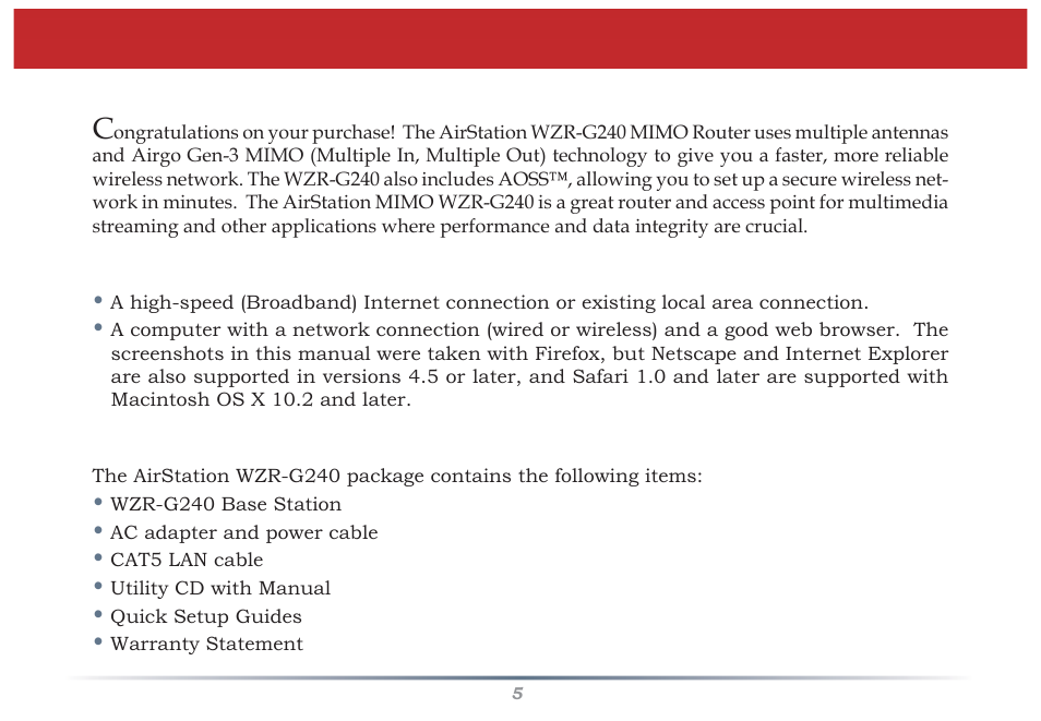 Introduction | Buffalo Technology Buffalo AirStation MIMO240 Wireless Cable/DSL Router WZR-G240 User Manual | Page 5 / 74